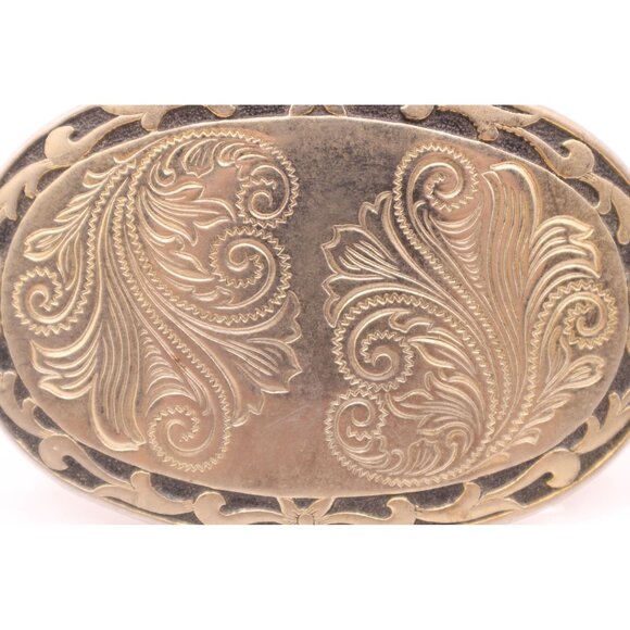 Western Scroll Ornate Filigree Belt Buckle Engraved Black Edge Gold Tone Vintage - Picture 2 of 9